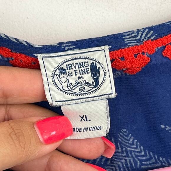 Irving & Fine x Lucky brand 100% Rayon Pull On Top Blue Print womens size XL - Picture 6 of 7